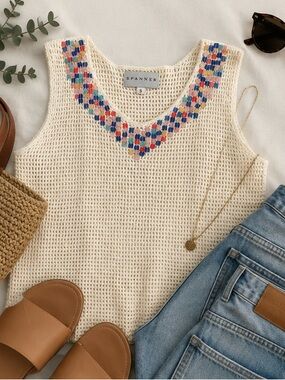SPANNER Cream Crochet Tank with Colorful Sequin Neckline, Y2K Fashion